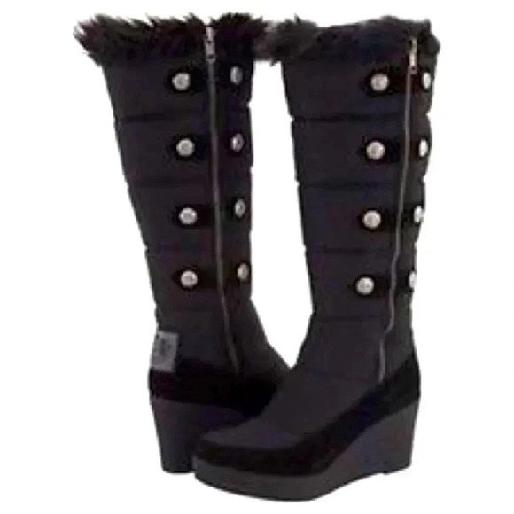 Juicy Couture Everest Quilted Nylon Suede FauxFur Knee High Tall Wedge Boots - Picture 1 of 13